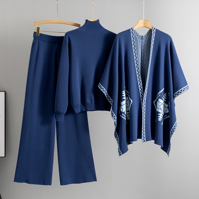 2025 Spring Lady Outfit Cozy Knit Shawl Pants Sets 3 Pieces With Women Elegant Turtleneck Sweater Wide Leg Trousers