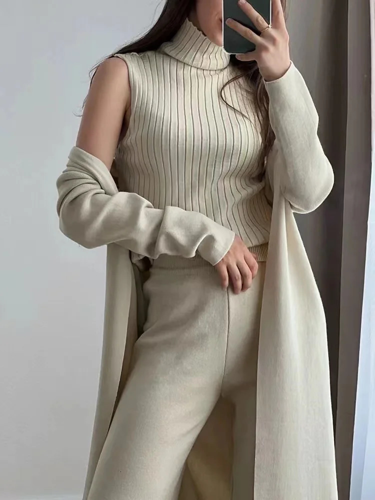 Winter Knitted Half High Collar Pulling Set Womens Casual Pants Loose Open Elegant Fashion SpringSummer 3 pieces 241211