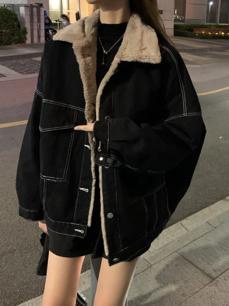 Korean Fashion Winter Womens Jacket Warm Collar Cowboy Thick Jacket Casual Work Clothes Cotton Pad Jacket Womens Top 241219