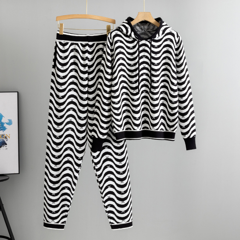 Spring 2 Hooded Women Outfits Tracksuit Knit Cardign Wide Leg Pant Sets New Two Piece Casual Loose Suit