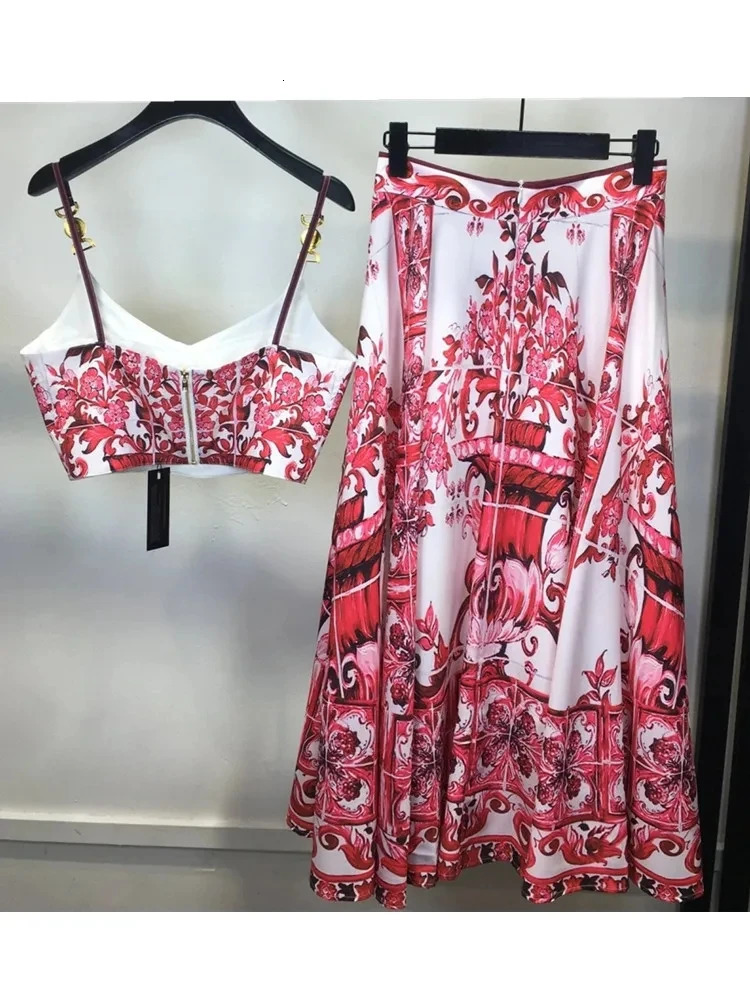 Summer Holiday Blue And White Porcelain Two Piece Set Womens Spaghetti Strap Padded Cup Zipper Print Short TopLong Skirt Suits 241219