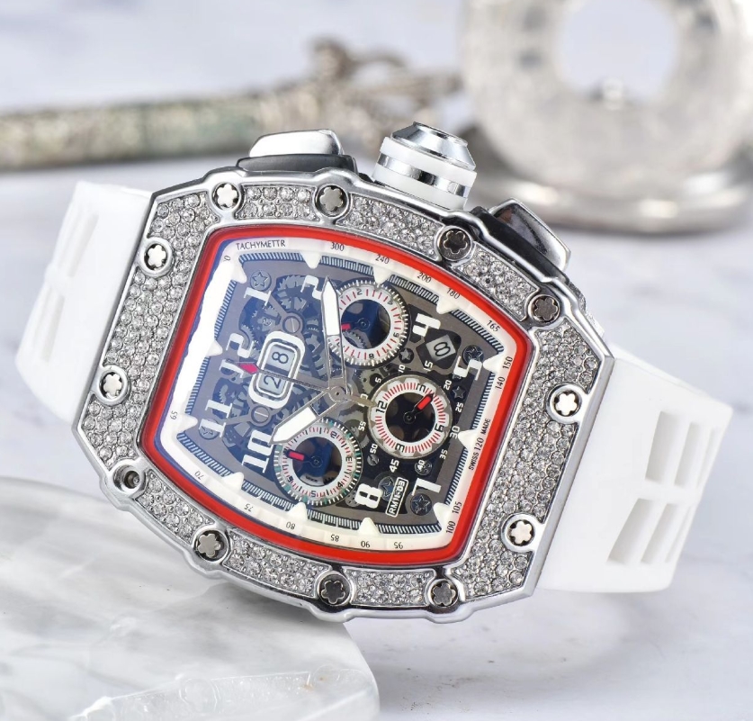6 pin Diamond Automatic Date Watch Limited Edition Men watch Top brand luxury full function quartz watches women Silicone strap