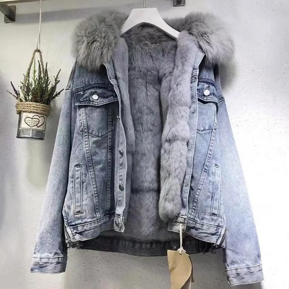 Thickened Cotton Coat Womens Cropped Denim Jacket Hood Thickened Plush Long Sleeves Pockets Coat Windproof Warm Denim Parkas 241220