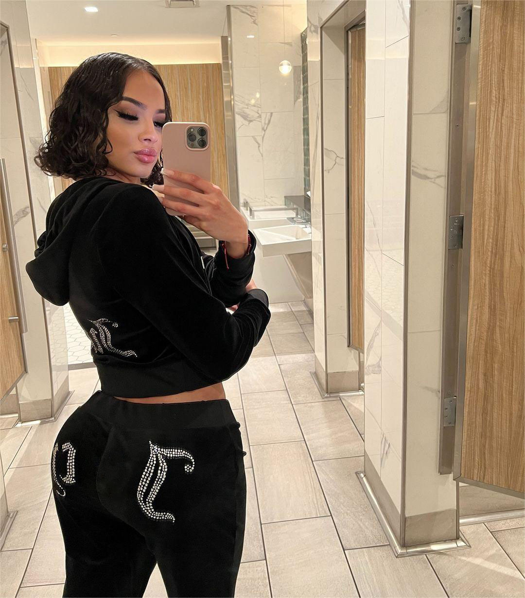 Dia Letter Hoodie Veet Tracksuit 2-Piece Set Rhie Zipper Crop Top+High Waist Jogging Sports Pants 2Pcs Velour Sets