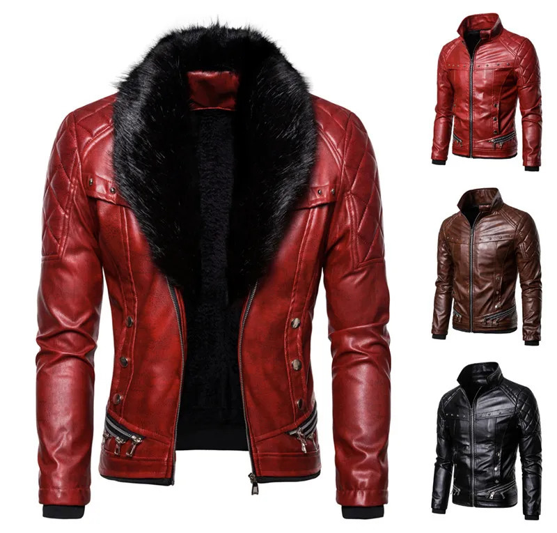 Red Mens punk removable fur collar rivets pressed cotton thick windproof motorcycle leather jacket 241220
