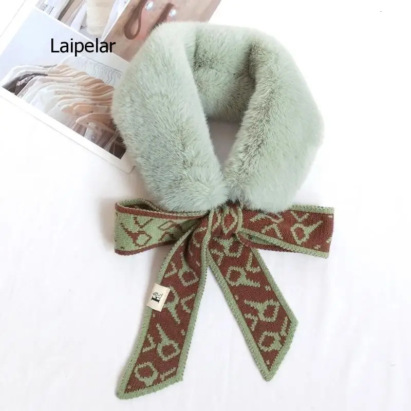 Autumn Winter Houndstooth Fashion Crochet Knitted Scarf Foulard Femme Faux Fur Collar Neck Warmer Scarves for Women 241220