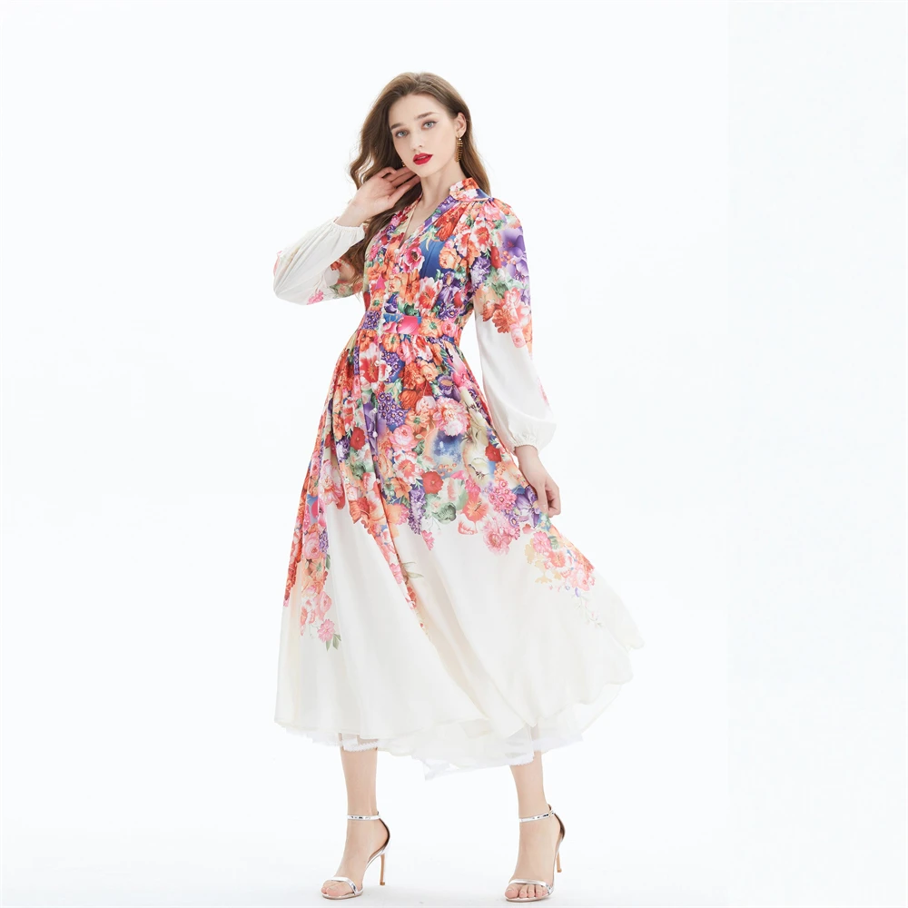Basic Casual Dresses Women High Street Dresses 2025 Spring Autumn New Stand Lantern Sleeve Print Long Dress Slim Court Style Elegant Chic Vestidos