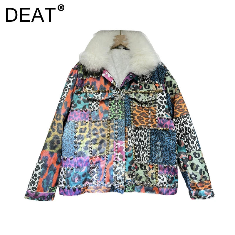 DEAT Women Denim Coat Colorful Leopard Printed Flowers Rivets Thick Plush Loose Single Breasted Jackets 2025 Spring Fashion 241220