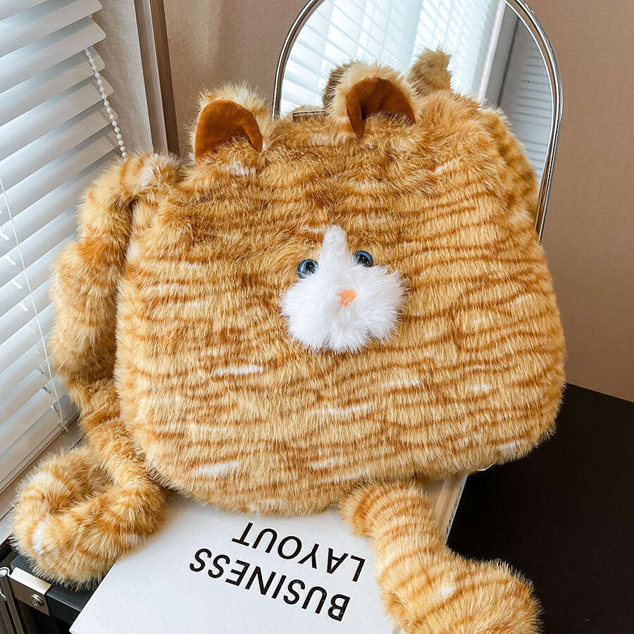 Plush cat tote bag, large capacity handbag, 2024 new cute and fun personalized shoulder crossbody bag