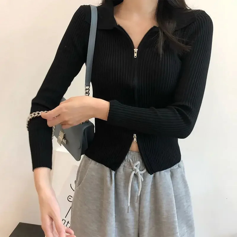 Womens polo Collar Knitted Cardigan 2024 Early Autumn Slim Fit Slimming and Short DoubleHeaded LongSleeve Zipper Top 241220
