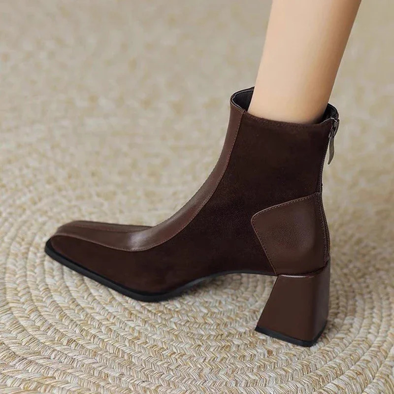 Vintage Square Toe Women Ankle Boots Fashion Back Zippers Short Booties Autumn Winter Ladies Concise Office Thick Heels Shoes 241213