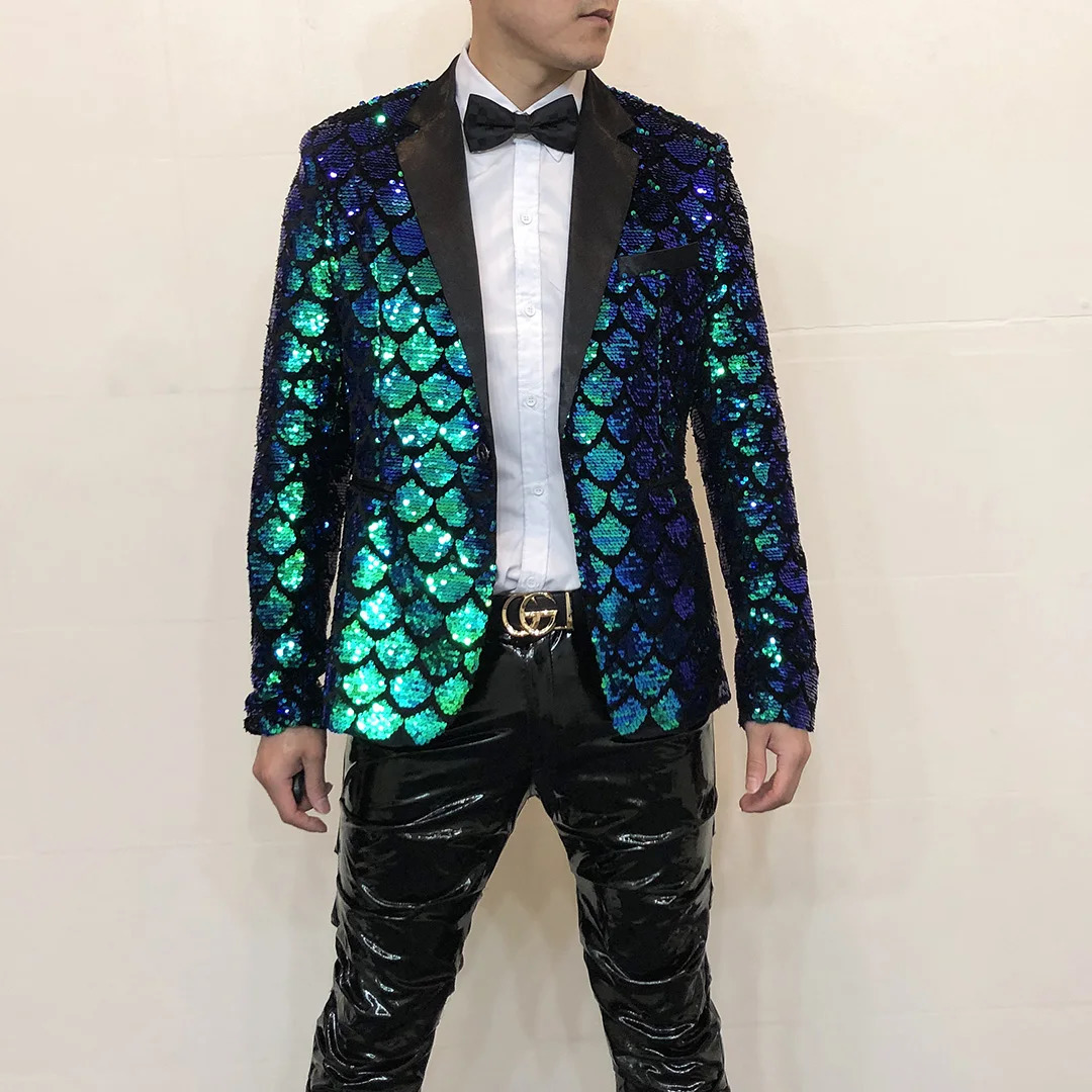Mens Shiny Sequin Blazers Jacket Host Singer Stage Performance Clothes Nightclub Male Party Glitter Tuxedo Coat 241218