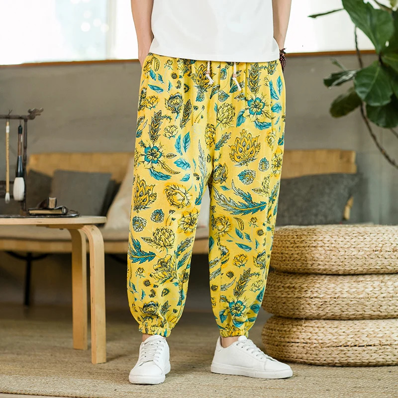 Summer mens cotton linen casual harem close-up pants black/red mens daily casual lace loose floral pants 241219