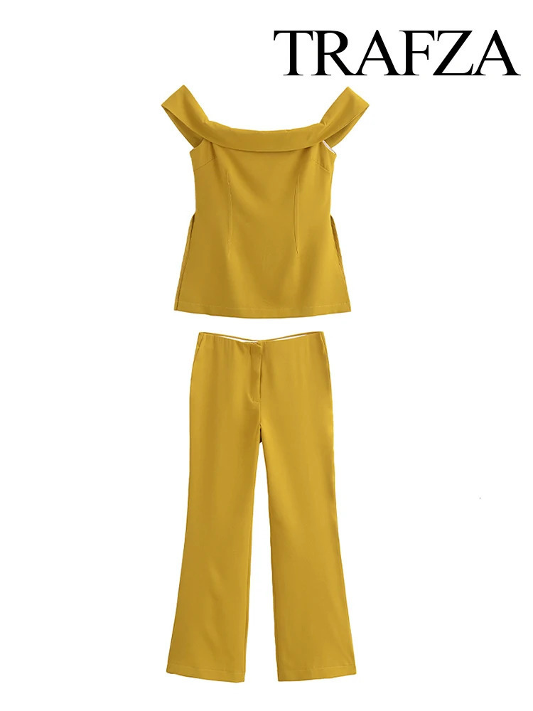 TRAFZA Womens Sexy Fashion 2piece Set with Side Seam Back Zipper Shoulders and Elegant High Waist Elastic Flare Pants Unprinted Good Product 241211