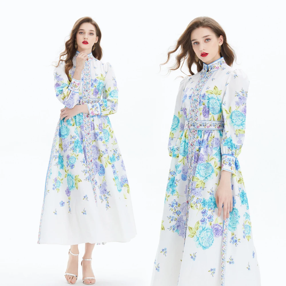 New Women Dresses Casual Court Style Drseses Women 2025 Early Spring Autumn New Palace Flower Print Dress Long Sleeved Beach Waist Wrap Chic Vestidos