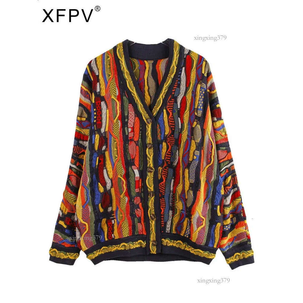 XFPV autumn casual V-neck long sleeved loose multi-color striped ultra-thin cardigan knitted sweater for women SM11890 240828