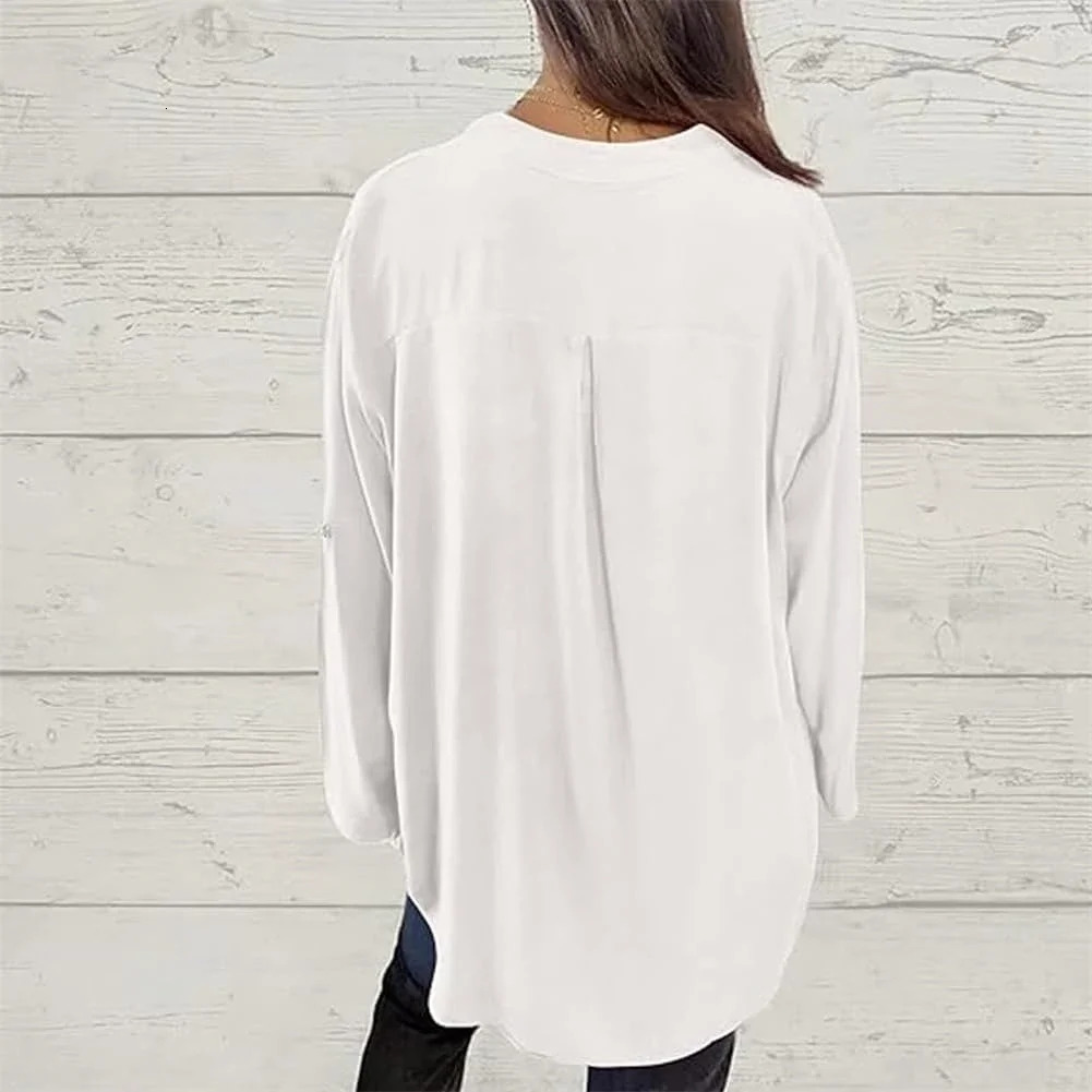 Sequin Vneck Midsleeve Casual ShirtsWomen Summer Blouses Loose Collar Button Solid Color Sun Protection Pocket Shirt 241218