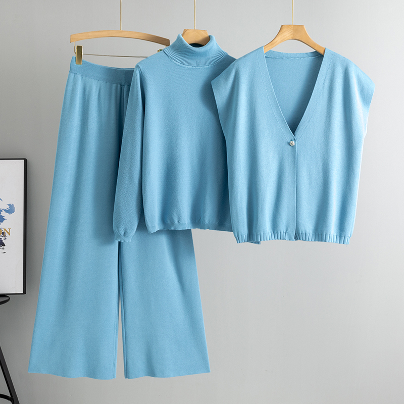 2025 Fashion 3 Piece Set Women's Vest Long Sleeve Half High Collar Top Elastic Waist Wide Leg Pants Tracksuit Knitted Suit
