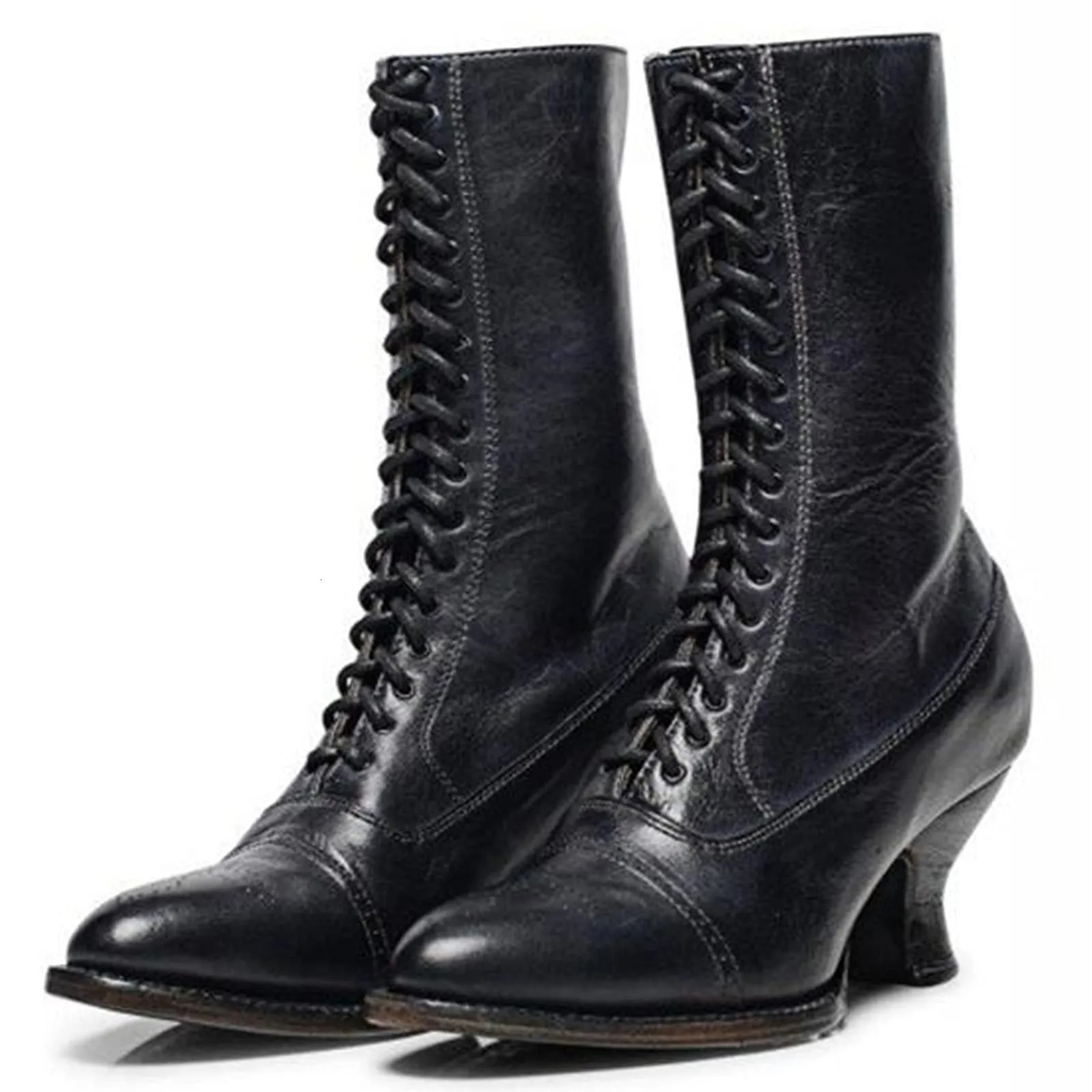 Gothic womens boots heel ankle lace upper corner heel boots high retro elastic cross tie shoes zapatos para mujeres 241213