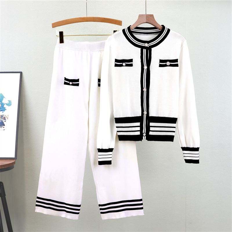 Korean Fashion Casual Knit Two Set Women Sweater Cardigan Wide Leg Pant Suits Tracksuit 2 Piece Sets New Autumn