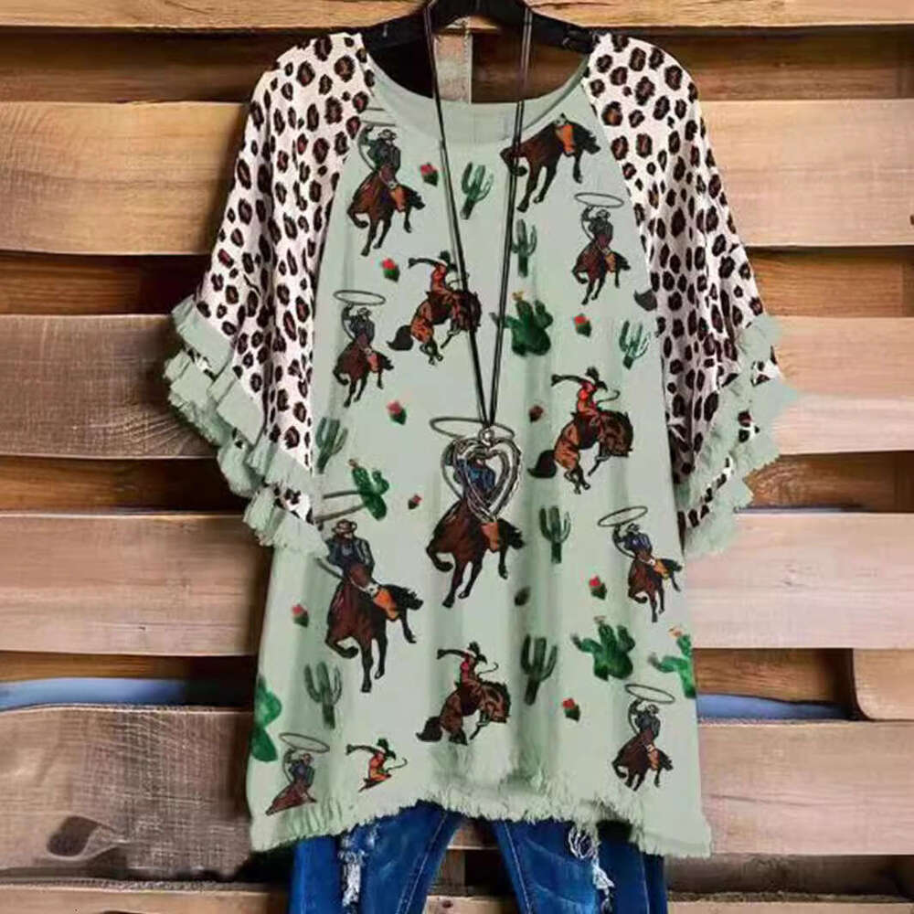 2021 Women's Round Neck Short Sleeve Printed Temperament Commuter Loose Cotton T-shirt with Head Set, 2024 New Casual Versatile Fashion Clothing