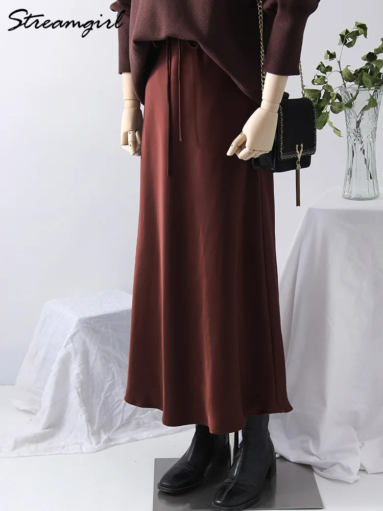 Long Black Satin Skirts For Women Autumn Winter Maxi Brown Burgundy Ladies Green Lace Up Silk Skirt 241217
