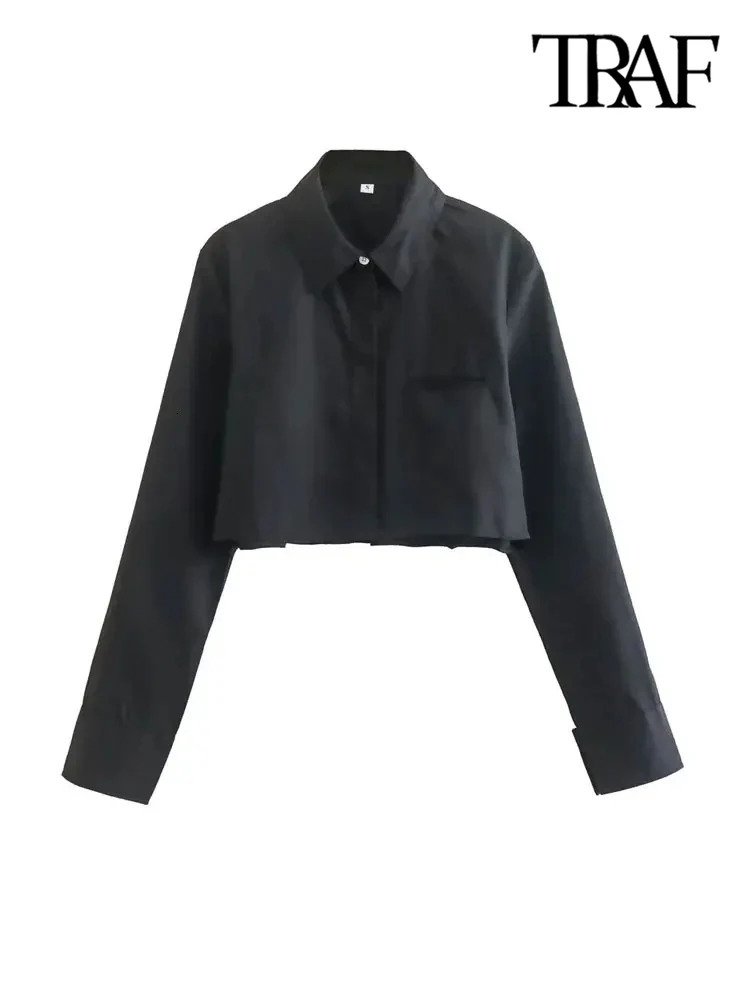 TRAF Women Fashion Loose Cropped Shirts Vintage Long Sleeve Front Button Female Blouses Blusas Chic Tops 241218