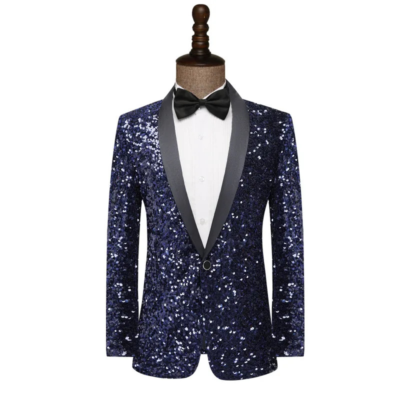 Mens Dress Blazer Navy Blue Sequin Formal Suit Jacket Shining Stage Concert Performance Tuxedo Coat Singer Host Costume 241218