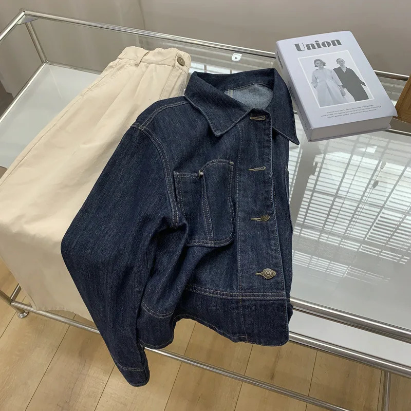 Retro dark blue denim jacket womens short sleeved lapel single chest loose wash womens long sleeved Jean Coats 241219