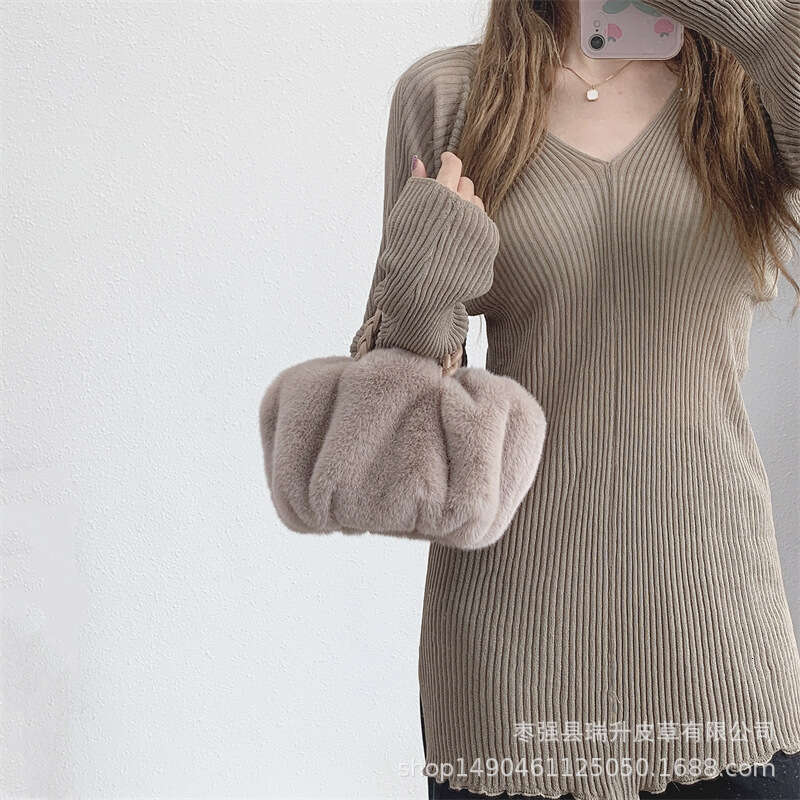 Autumn and Winter New Imitation Woolen Women's Pumpkin Drawstring Woven Rope Handbag Single Shoulder Crossbody Plush Bag