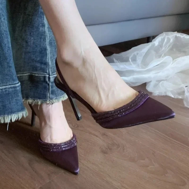 Womens High Heel Shoeslack Purple Satin Pointed Toe Pumps Women Stiletto Heels Sandals Slippers 241220