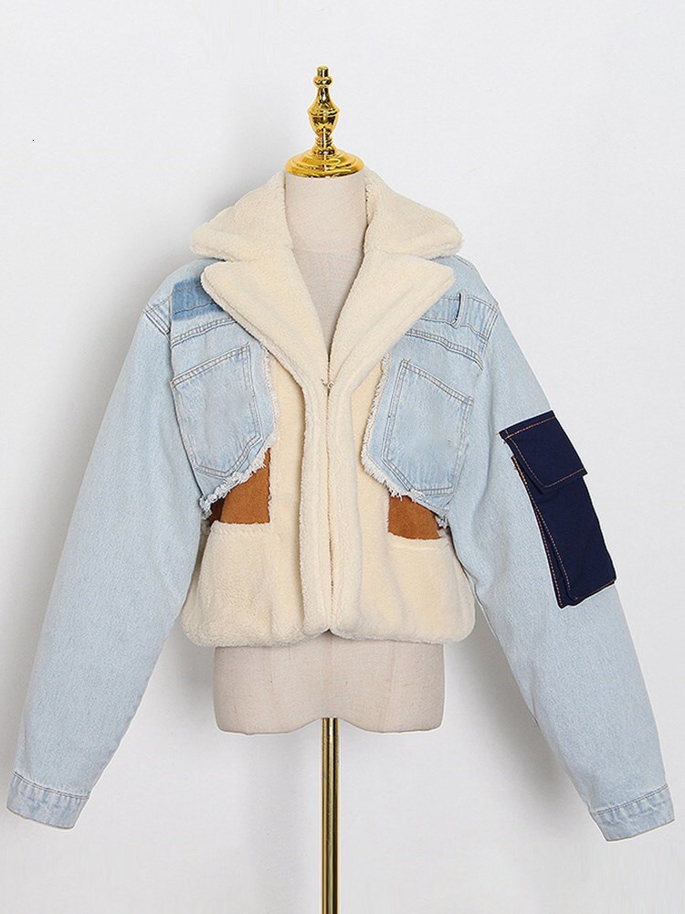 Color Spliced Lambswool Denim Jacket For Women Lapel Long Sleeve Patchwork Pockets Short Winter Coat Female Fashion New