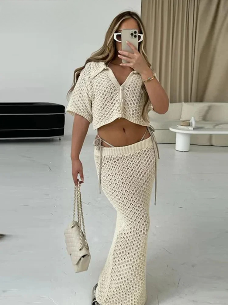 Knit Sexy Hollow Out Cardigan Skirt Suit Women Slim Single Breasted Short Sleeve Top Long Skirts Female Summer Beach Outfit