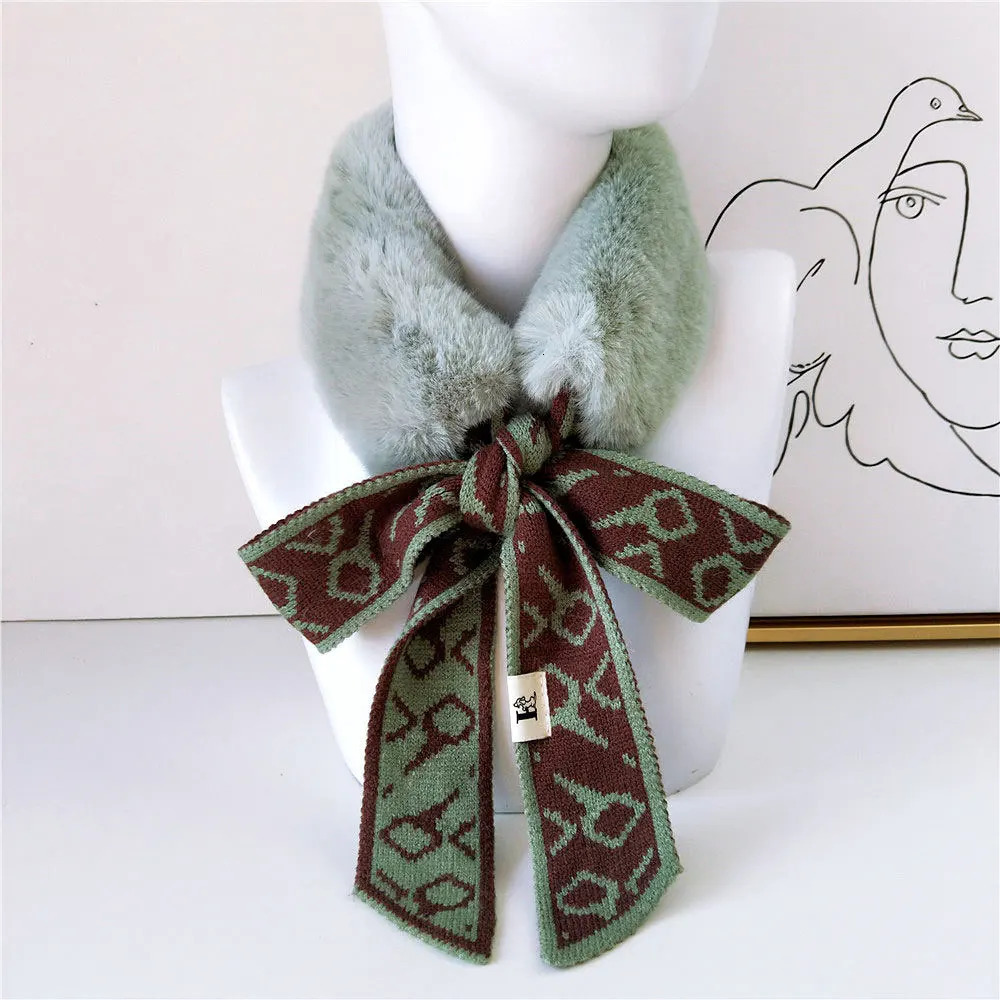 Winter Thick Warm Faux Rabbit Fur Neck Collar Scarf Neckerchief Women Houndstooth Knitted Scarfs for Ladies D195 241220