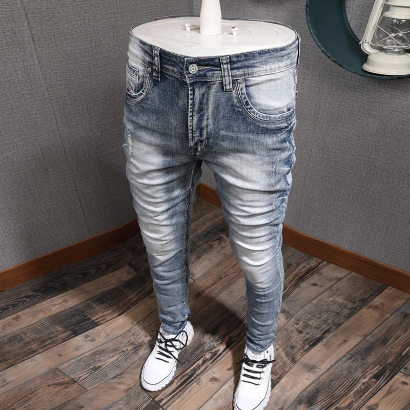 Fashion Men Jeans Retro Light Blue Stretch Slim Fit Printed Ripped Jeans Men Hole Trousers Vintage Casual Pants Hombre 241219