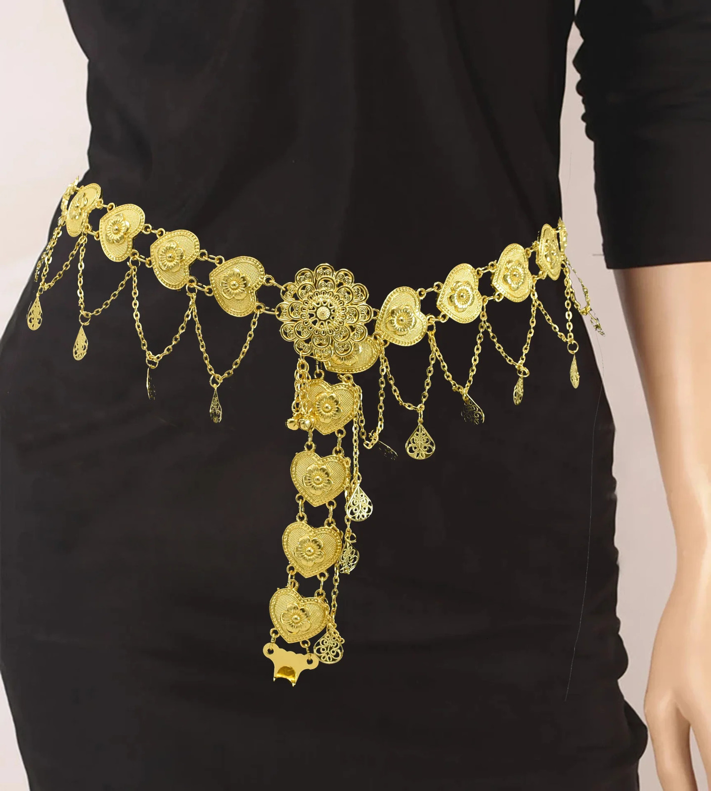 Indian Golden Heart Charms Belly Chains for Women Female Dancing Dress Belt Body Thailand Festival Party Jewelry Gift 241220