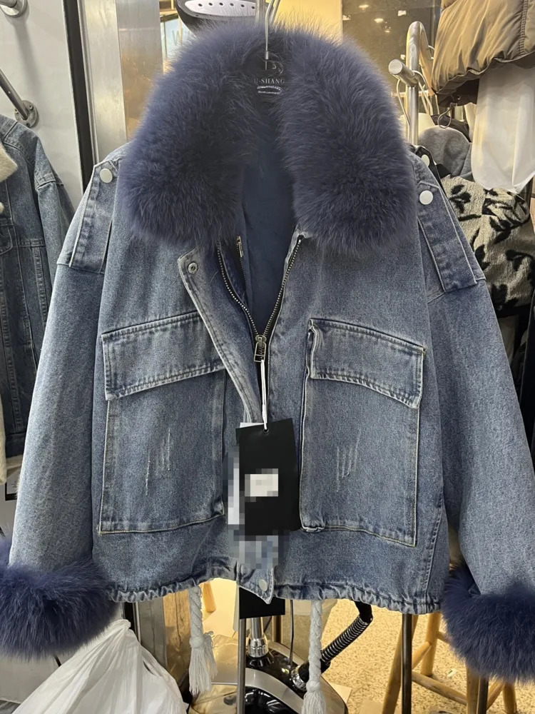DFDG Autumn And Winter Simple And Fashionable Zipper Fur With Thick Velvet Detachable Denim Jacket For Women 241217