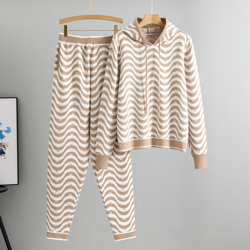 Spring 2 Hooded Women Outfits Tracksuit Knit Cardign Wide Leg Pant Sets New Two Piece Casual Loose Suit