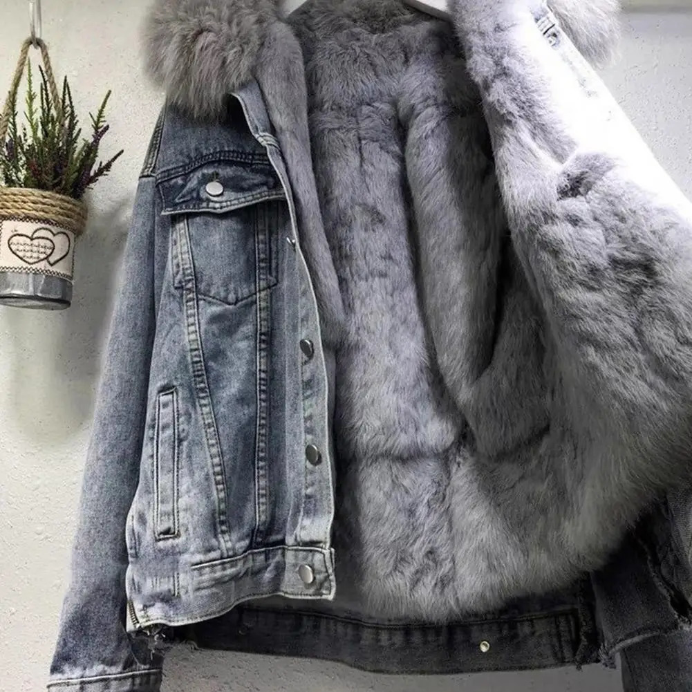 Thickened Cotton Coat Womens Cropped Denim Jacket Hood Thickened Plush Long Sleeves Pockets Coat Windproof Warm Denim Parkas 241220