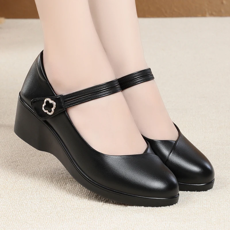 AIYUQI Women Spring Shoes Genuine Leather Large Size Casual Wedge Women Shoes Shallow Mouth Rhinestone Shoes Ladies
