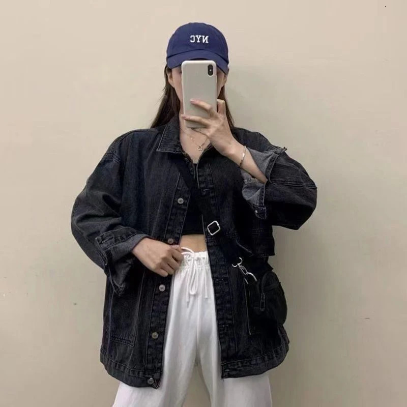 Xpqbb autumn womens denim jacket Korean long sleeved loose denim jacket womens Bf unisex large pocket button jacket 241219