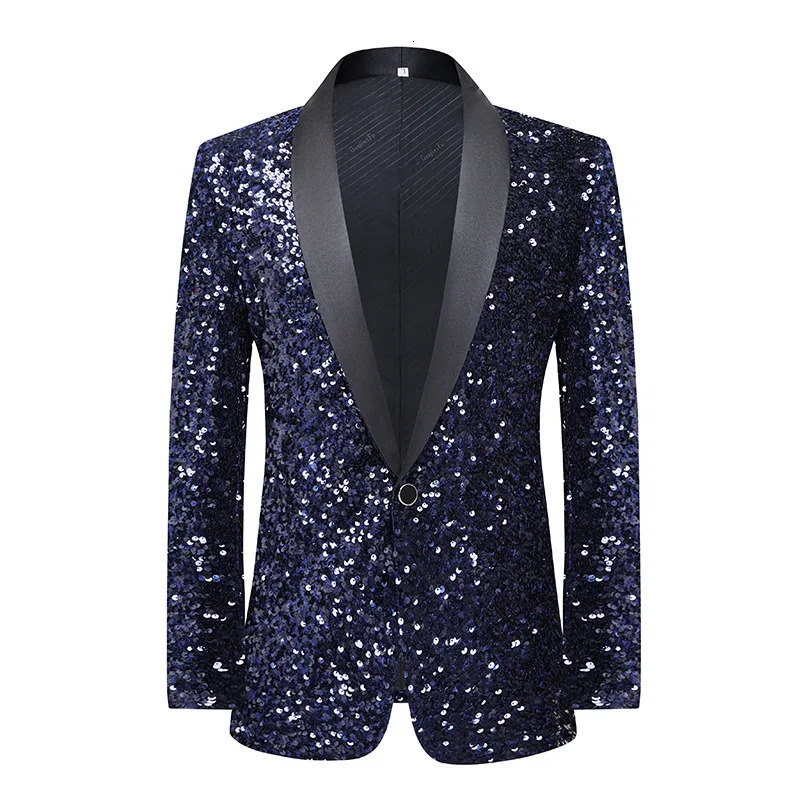 Mens Dress Blazer Navy Blue Sequin Formal Suit Jacket Shining Stage Concert Performance Tuxedo Coat Singer Host Costume 241218