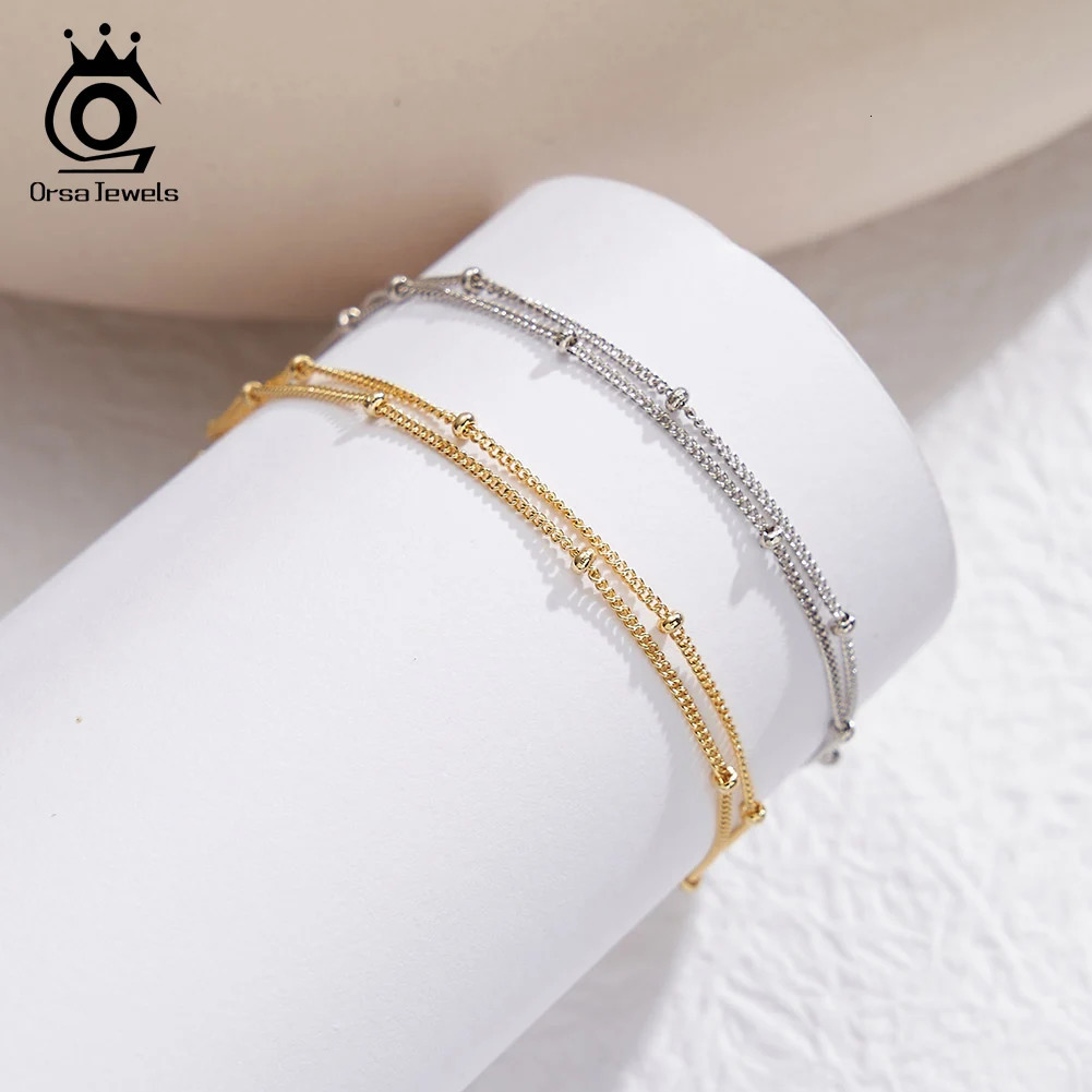 ORSA JEWELS 2mm Beads Double Layer Chain Bracelets Silver 925 Thin 1mm Width Cuban Chain Bracelet Lobster Clasp Jewelry SB198 241214