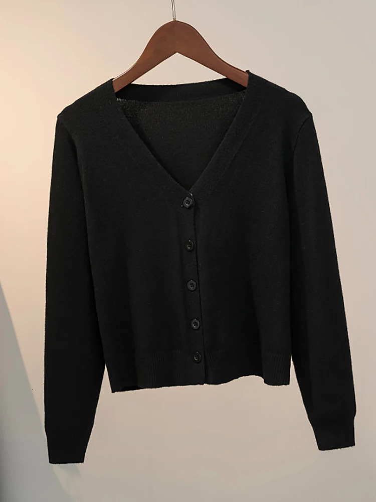 Sweater Knitted Cardigan Button Jacket 2024 Autumn Winter Vneck Long Sleeve Casual Short Tops For Women Grey White 241220