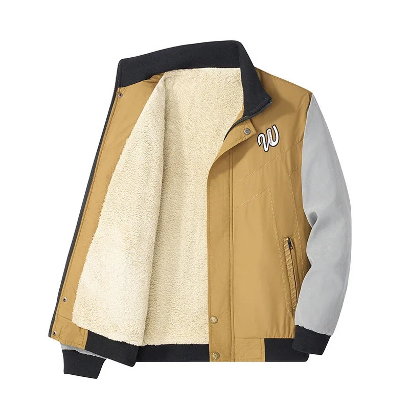 Mens Winter Lambswool Trench Coat Plus Velvet Thickened Warm Fleece Lined Baseball Jacket Men Streetwear Stand Collar Jacket Men 241216