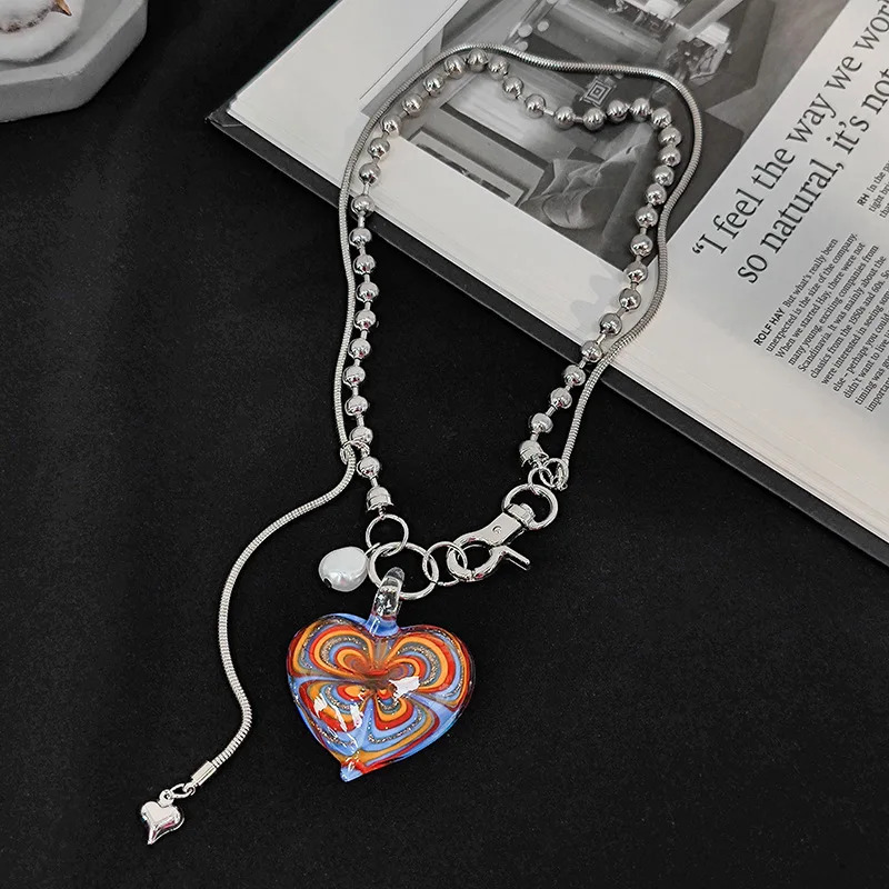 Style Vintage Colored Glaze Heart Pendant Necklace Female Painted Heart Round Bead Chain Clavicle Chain Trendy Jewelry 241220