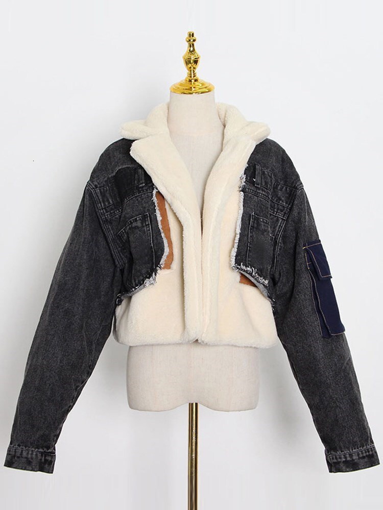 Color Spliced Lambswool Denim Jacket For Women Lapel Long Sleeve Patchwork Pockets Short Winter Coat Female Fashion New