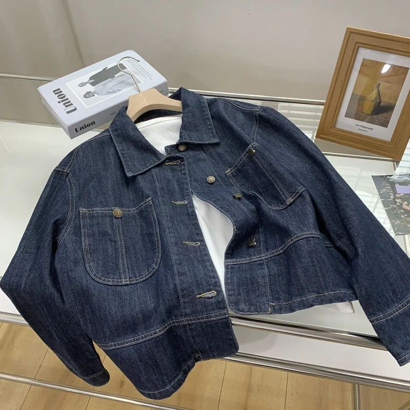 Retro dark blue denim jacket womens short sleeved lapel single chest loose wash womens long sleeved Jean Coats 241219