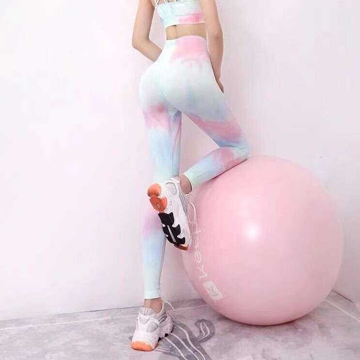 Tie dye yoga fitness clothes, women's tight pants, peach hip quick drying running, spring and summer high waisted cropped pants