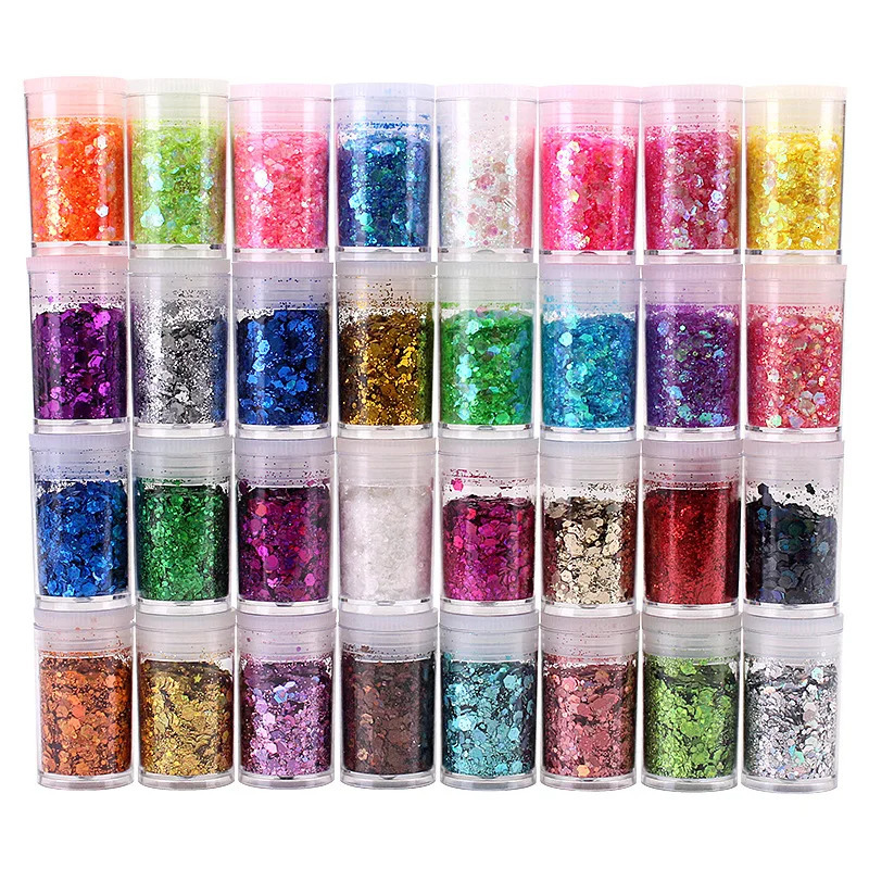 3g*32Bottle Laser Nail Art Glitter Sequins Holo Mixed Hexagon Chunky Fine Flakes Xams Sparkly Body/Eye/Face/Manicure DecorPowder 241220